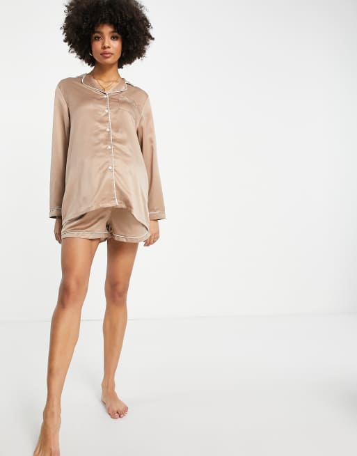 Loungeable – Umstandsmode – Mix and Match – Satin-Pyjamahemd in Mokka, 4 von 4