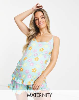 Loungeable - Umstandsmode - Pyjamaset aus gerüschter Camisole und gerüschten Shorts mit Retro-Blumendruck-Grün