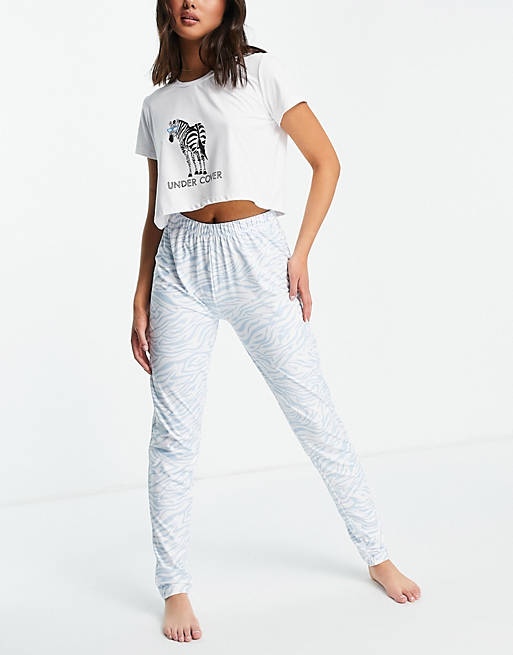 Loungeable undercover zebra t shirt and legging pyjama set in pale blue