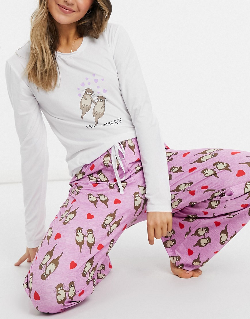 Loungeable Valentine otter print long sleeve T-shirt and pants pajama set in gray-Grey