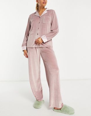 Loungeable velour rib revere pyjama set with satin trim in mink