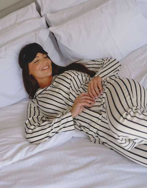 Loungeable Velour stripe long sleeve traditional pyjama set in monochrome - view 1