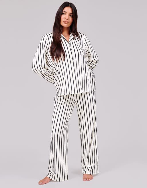 Loungeable Velour stripe long sleeve traditional pyjama set in monochrome, 2 of 5