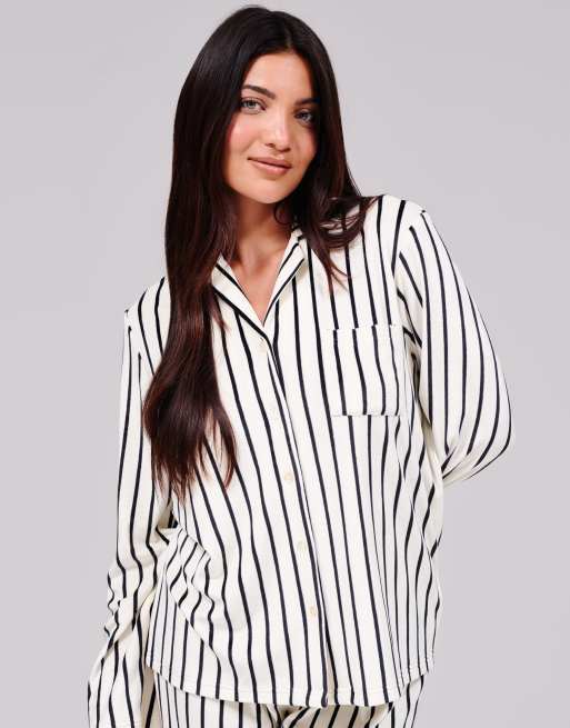 Loungeable Velour stripe long sleeve traditional pyjama set in monochrome, 3 of 5
