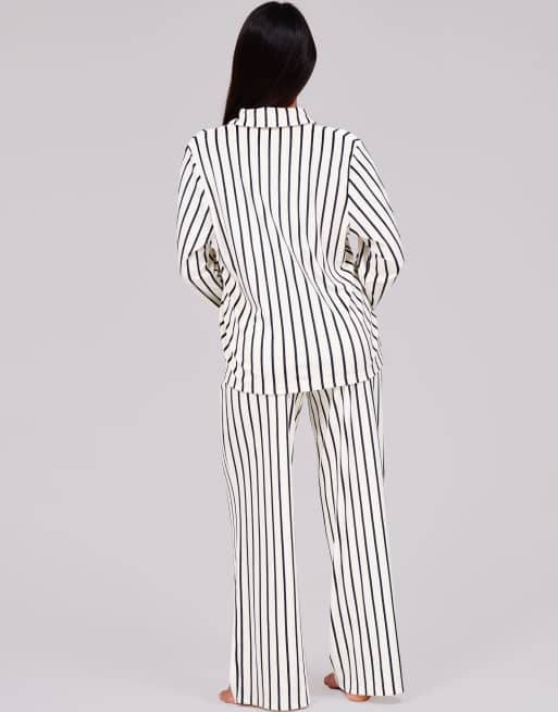 Loungeable Velour stripe long sleeve traditional pyjama set in monochrome, 5 of 5