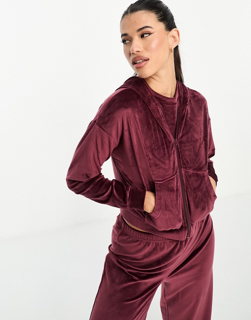 Loungeable velour zip cropped lounge hoodie in berry-Red