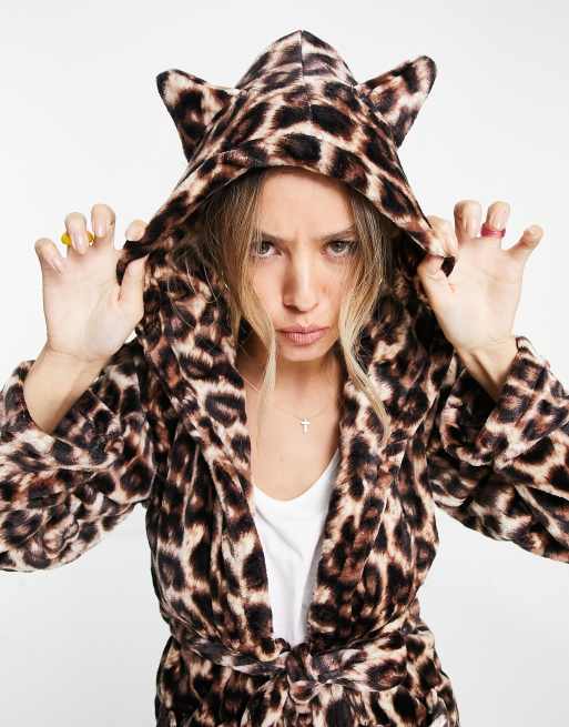 Loungeable Vestaglia leopardata con cappuccio e orecchie
