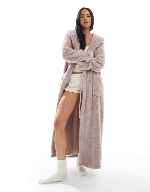 Loungeable - Vestaglia lunga comoda con cappuccio in pile borg color visone