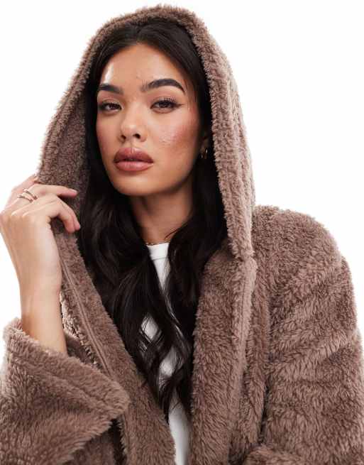 Loungeable Vestaglia lunga in morbido pile color cioccolato con