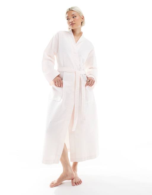 Loungeable - Vestaglia stile kimono rosa lunga lavorata a nido d'ape