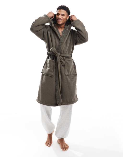 Loungeable - Waffle - Gevoerde kamerjas van fleece met capuchon in kaki