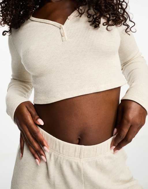 Loungeable waffle henley & wide leg pyjama set in beige | ASOS