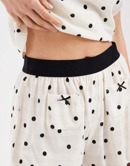 Loungeable waffle jersey shorts and T-shirt pajama set in cream polka dot, 2 of 4