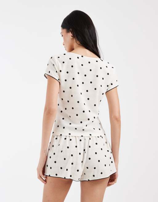 Loungeable waffle jersey shorts and t-shirt pyjama set in cream polka dot, 4 of 4