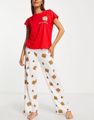 Loungeable waffle long pyjama set in red and white - ASOS Price Checker