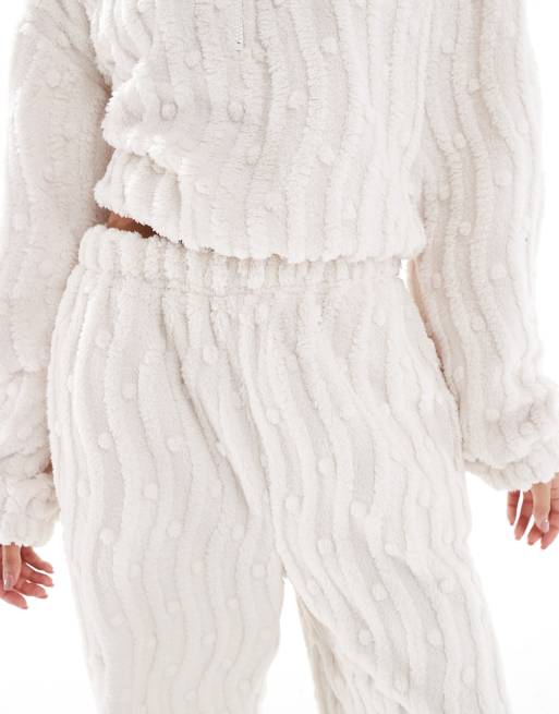 Loungeable wavy popcorn fleece wide leg pants in cream (part of a set), 2 of 4