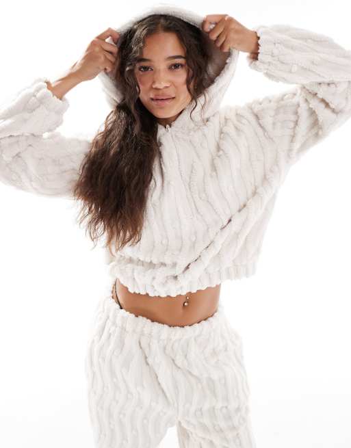 Loungeable wavy popcorn fleece wide leg pants in cream (part of a set), 3 of 4