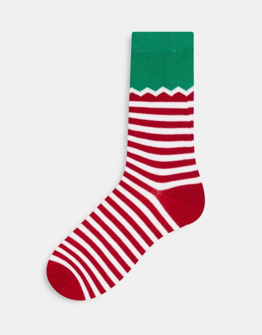 Loungeable – Weihnachtliche Elfensocken mit passendem Geschenkbeutel in roten und weißen Streifen
