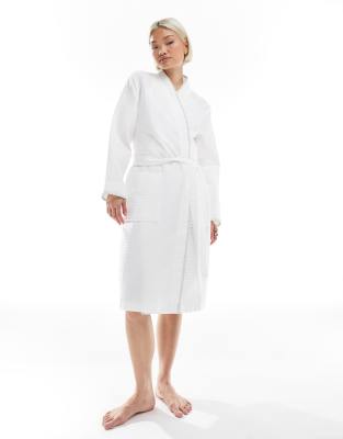 Loungeable Whipstitch detail knee length waffle robe in white | ASOS
