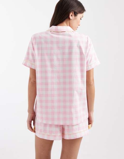 Loungeable woven short sleeve shirt & shorts pajama set in pink gingham with lemon bows, 2 of 4
