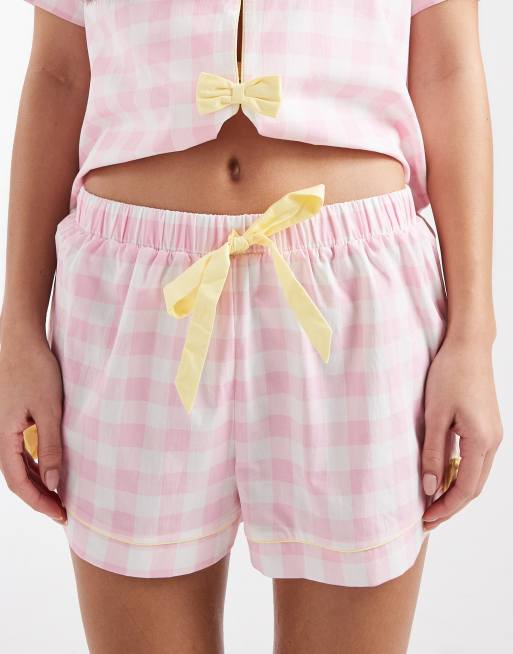 Loungeable woven short sleeve shirt & shorts pajama set in pink gingham with lemon bows, 4 of 4