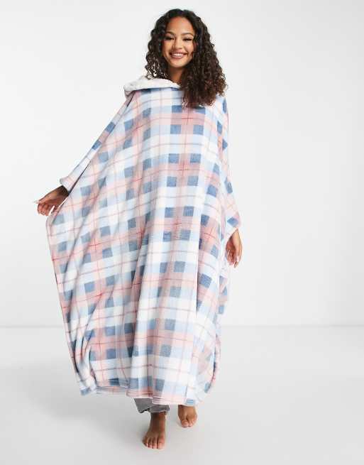 Loungeable - Zachte, lange hoodie met sherpa voering en ruiten in roze en blauw