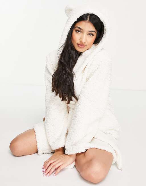 Loungeable - Zachte sherpa badjas met capuchon met oren in crème