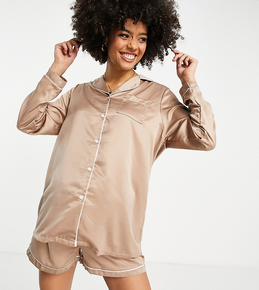 Loungeable - Zwangerschapskleding - Mix en Match - Satijnen pyjama-overhemd in mokka-Bruin