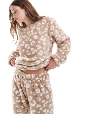 Loungeable - Zweiteiliger, kuscheliger Teddystoff-Pyjama in Taupe-Braun