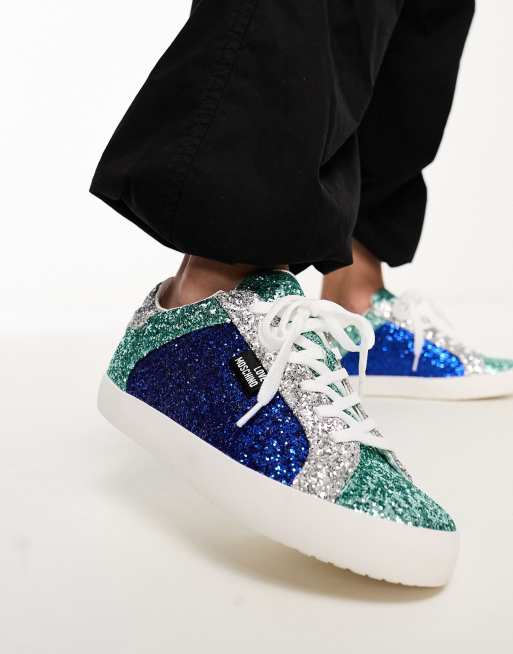 Love Moschino all over glitter sneakers in blue mix, 2 of 4