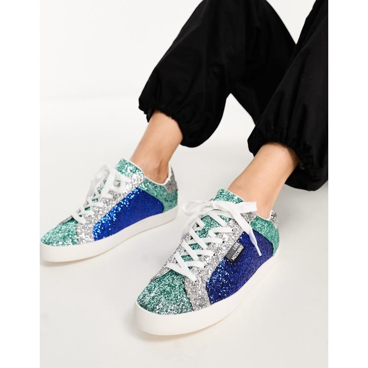 Love moschino high top discount glitter sneakers with pearl laces