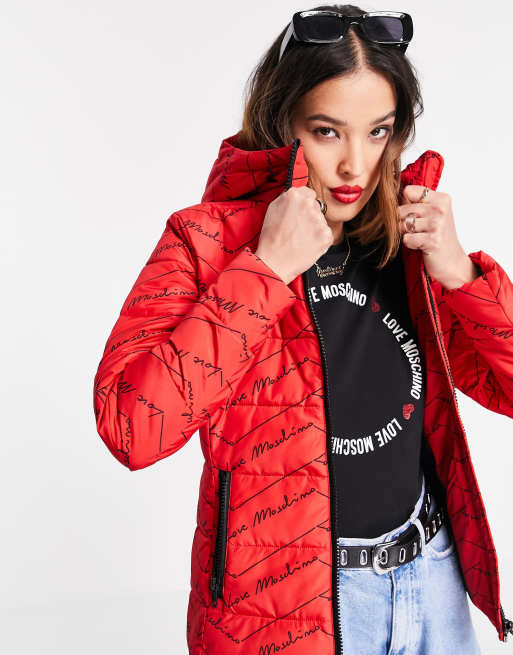 Love Moschino allover logo hooded padded jacket in red