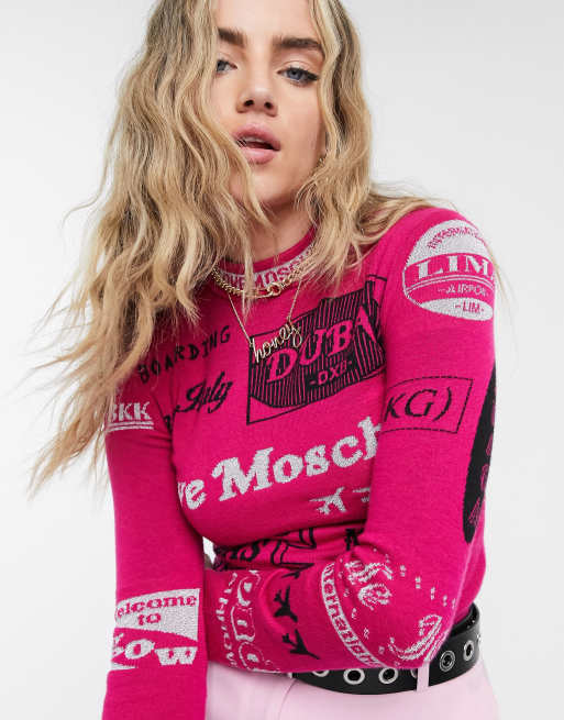 engineering schoonmaken Onderhoudbaar Love Moschino allover logo print jumper in pink | ASOS