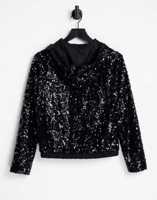 Love Moschino allover sequin hooded top in black