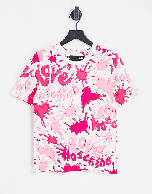 Love Moschino allover splash logo t-shirt in pink multi | ASOS