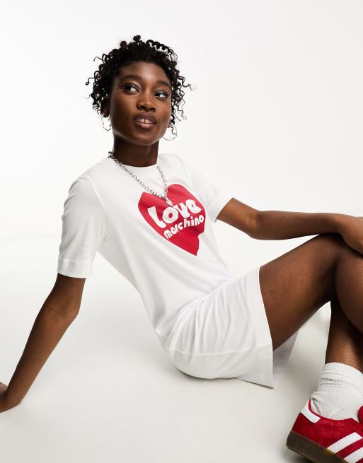 Love Moschino – Biała dżersejowa sukienka z logo w kształcie serca