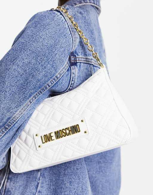 Love Moschino – Biała torebka na ramię z pikowaniem w romby i paskiem z łańcuszka