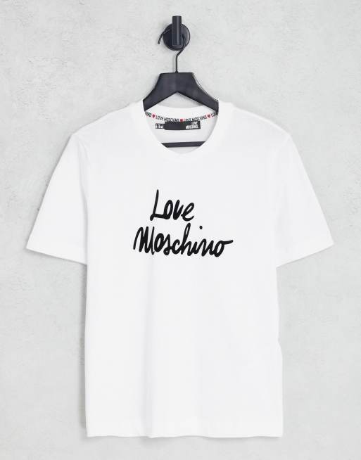 Love Moschino – Biały T-shirt o pudełkowym kroju z napisem logo