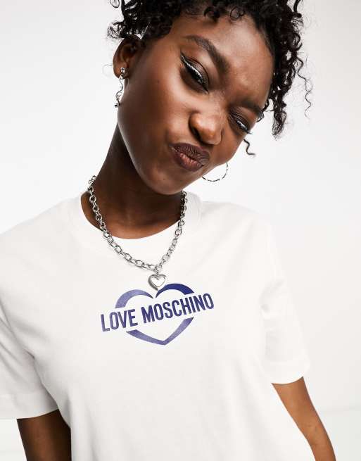 Love Moschino – Biały T-shirt z logo w kształcie serca