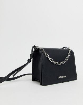 black cross body bag with silver chain