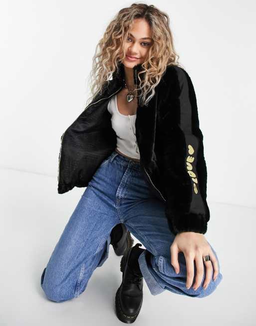 Love Moschino - Bomberjack van pluche imitatiebont in zwart