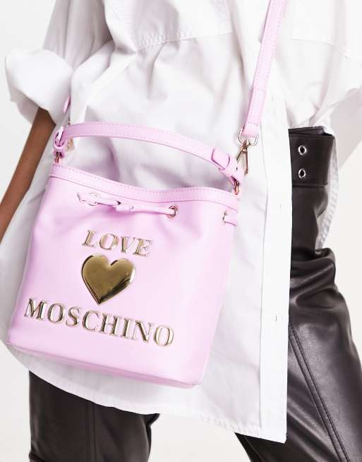 Love Moschino - Borsa a secchiello rosa con logo a cuore, 4 di 4
