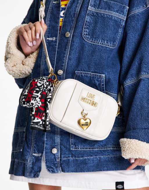 Love Moschino - Borsa a tracolla color crema con charm a forma di cuore