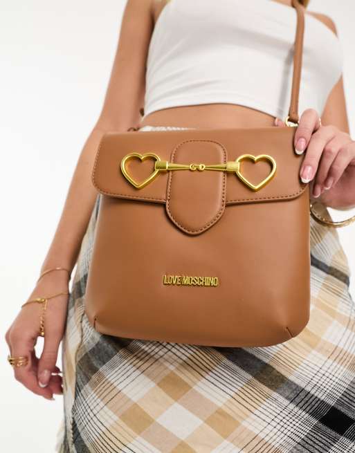 Love Moschino - Borsa a tracolla color cuoio con barretta e cuori