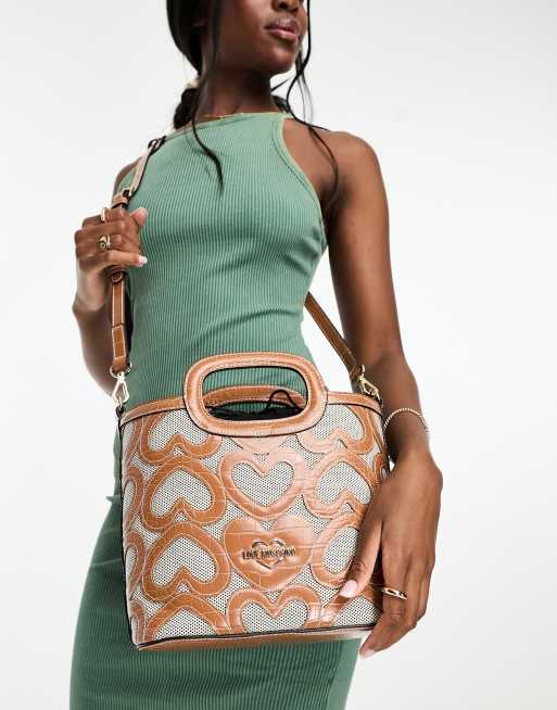 Love Moschino - Borsa a tracolla color cuoio in tela con monogrammi a cuore