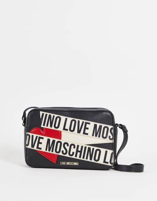 Love Moschino - Borsa a tracolla nera con fettuccia con logo