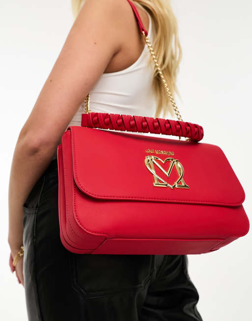 Love Moschino - Borsa a tracolla rossa con manici intrecciati, 4 di 4