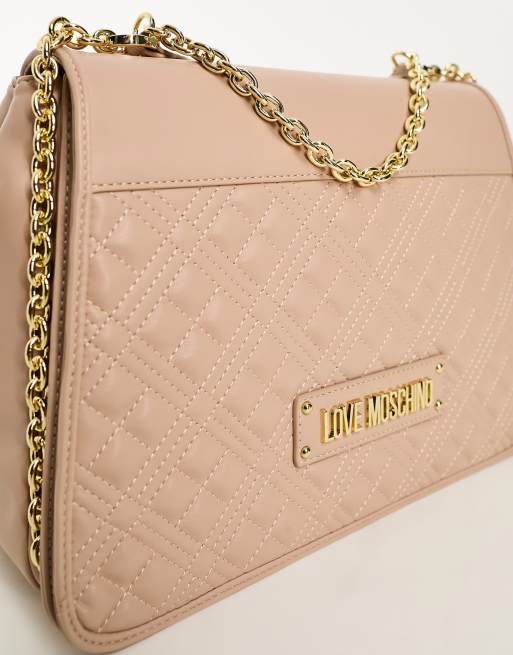 Love Moschino - Borsa a tracolla trapuntata beige chiaro con battente, 3 di 4