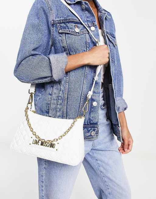 Love Moschino - Borsa da spalla trapuntata a rombi bianca con catenina e logo, 2 di 4