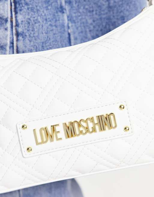 Love Moschino - Borsa da spalla trapuntata a rombi bianca con catenina e logo, 3 di 4